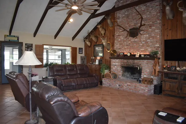 a living room with furniture and a fireplace