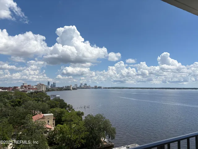 a view of a lake with a city