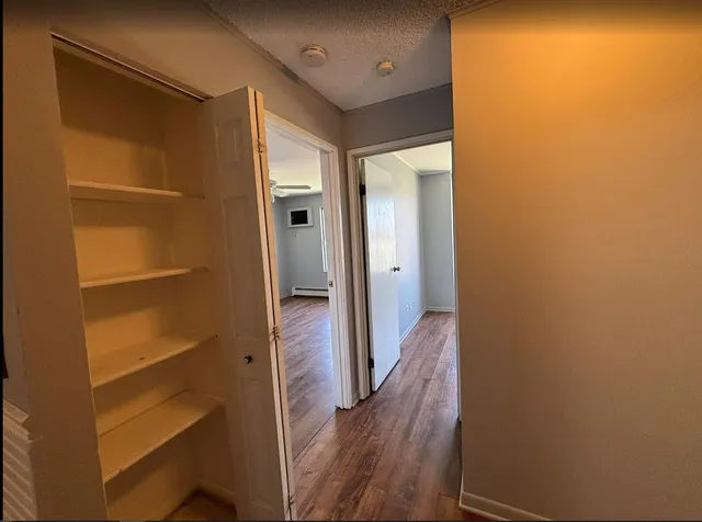 a view of a hallway with wooden floor