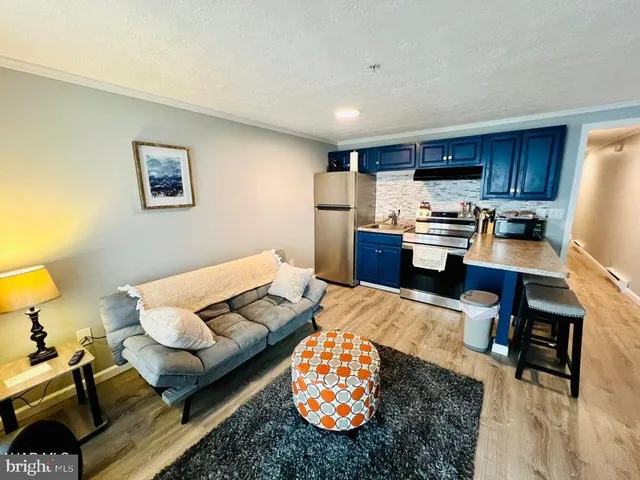 a living room with stainless steel appliances furniture a rug and a kitchen view