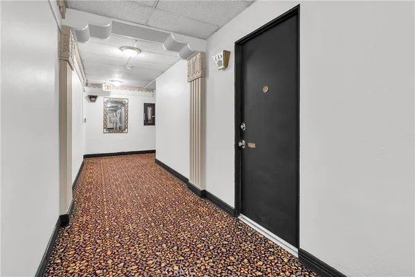 a view of hallway with a rug and a carpet