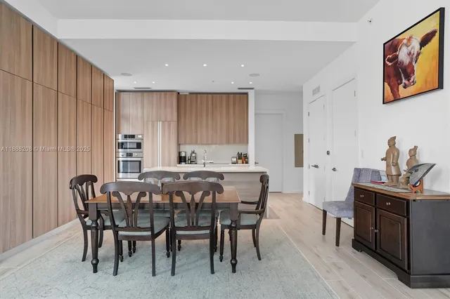 a view of a dining room with furniture