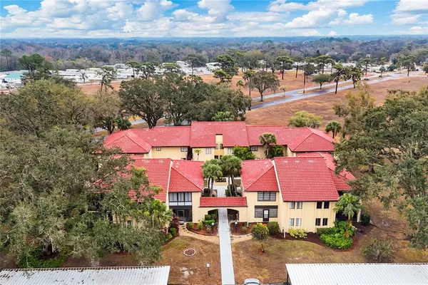 an outdoor space with pool and trees