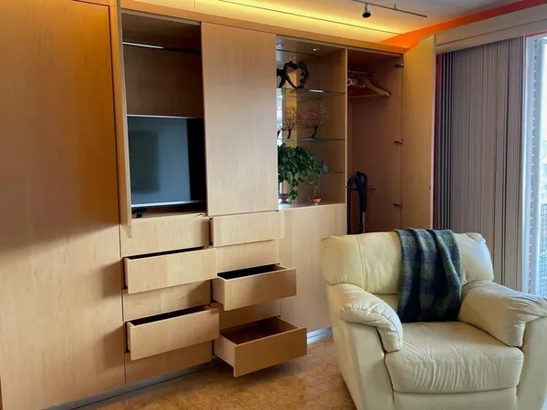 a living room with furniture and a potted plant