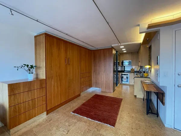 a living room with a couch and potted plant