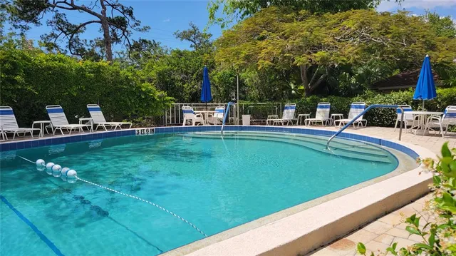 a view of a swimming pool with lawn chairs and plants