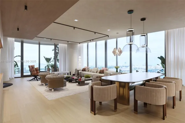 a living room with furniture and large windows