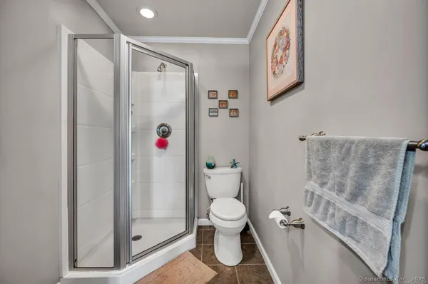 a bathroom with a shower and a toilet