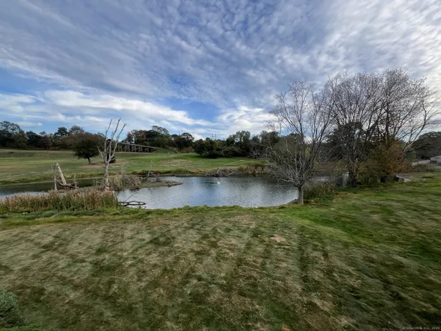 a view of a lake with houses in the back