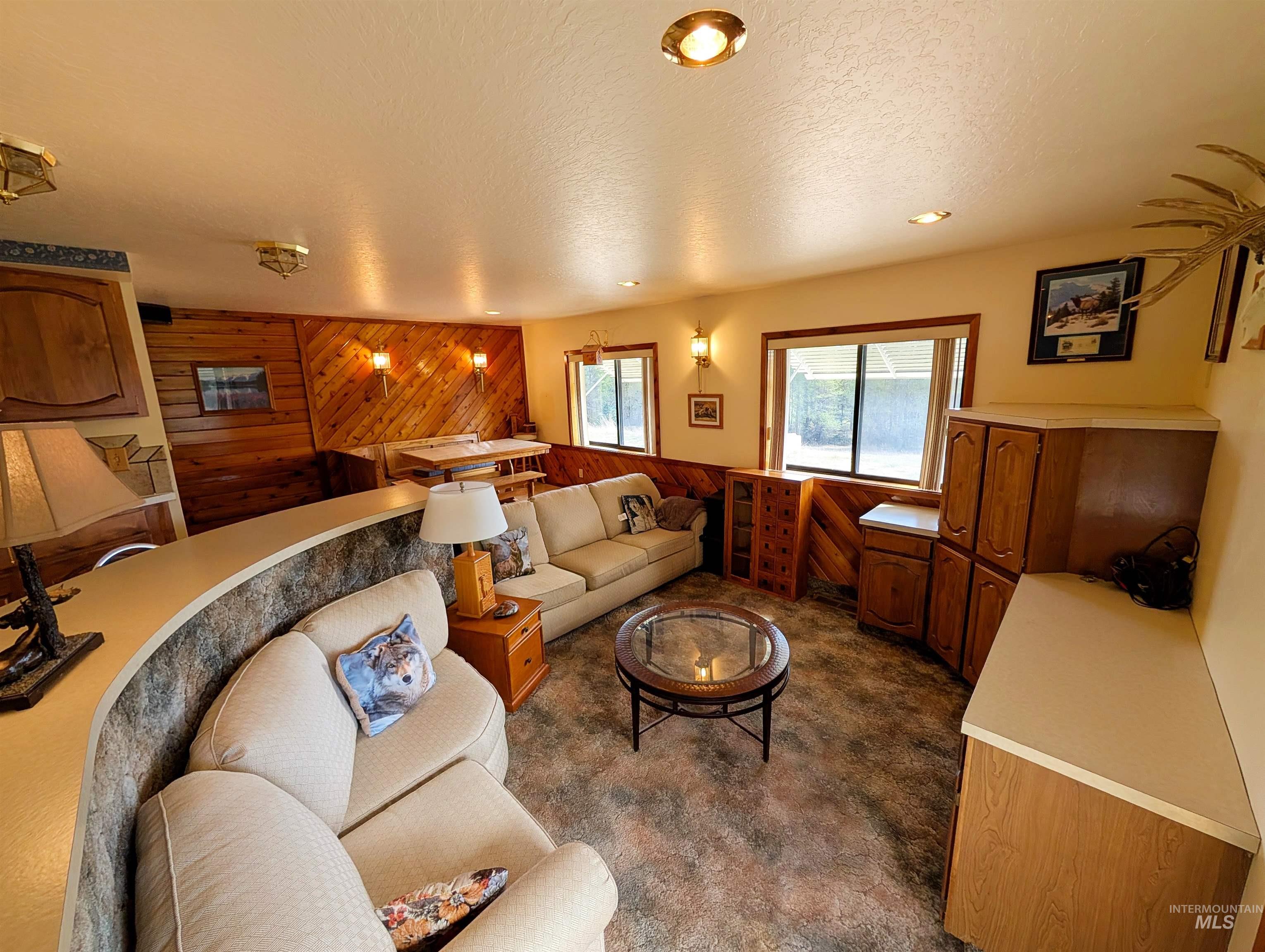 11100 Bens Road Cascade, ID 83611 - Photo 16 of 35 Lower-level recreation room with wood-paneled accent walls, built-in cabinetry, and a curved stone-finish bar