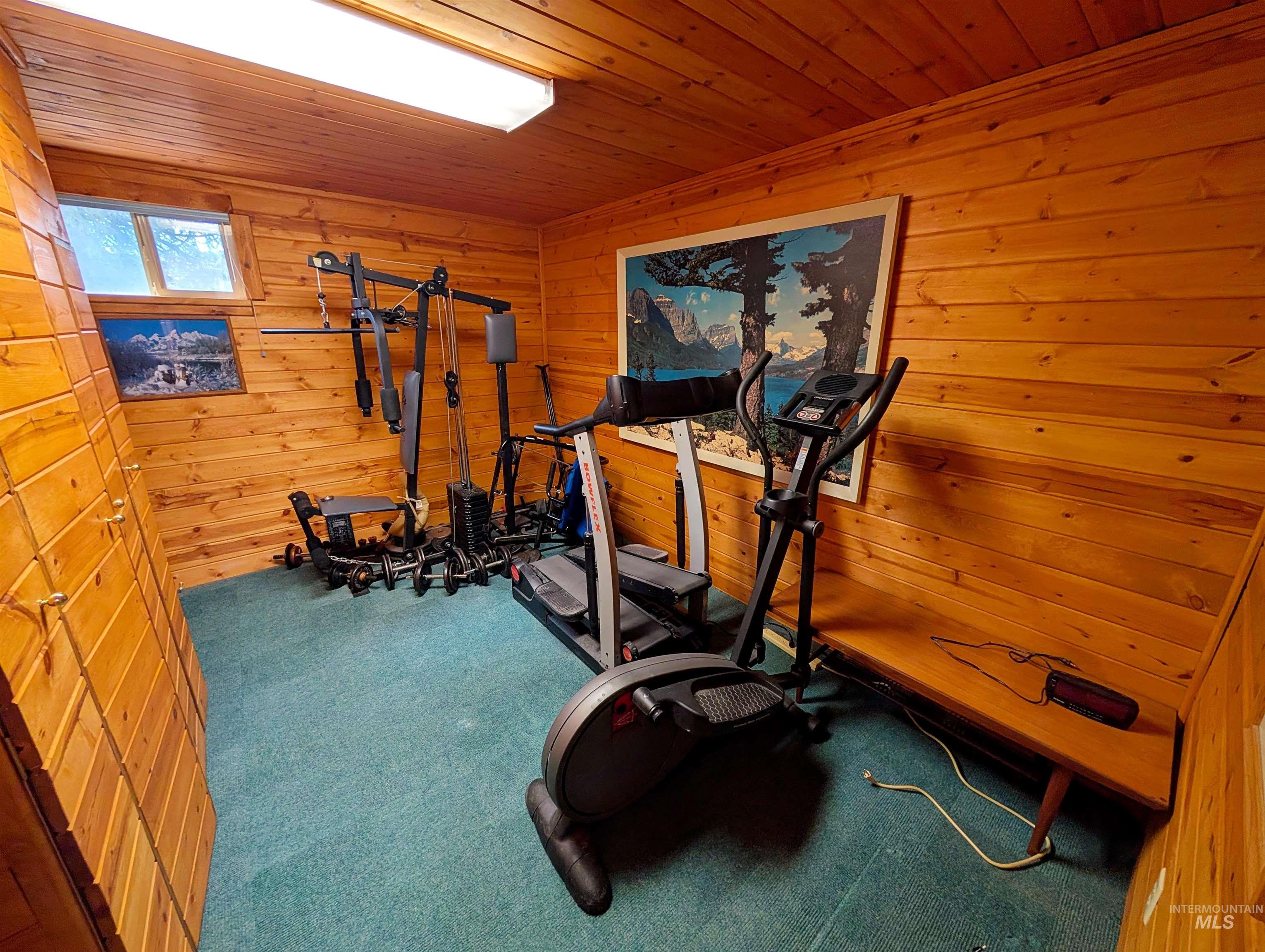 11100 Bens Road Cascade, ID 83611 - Photo 25 of 35 Wood-paneled room with light wood walls and ceiling, featuring turquoise carpeting