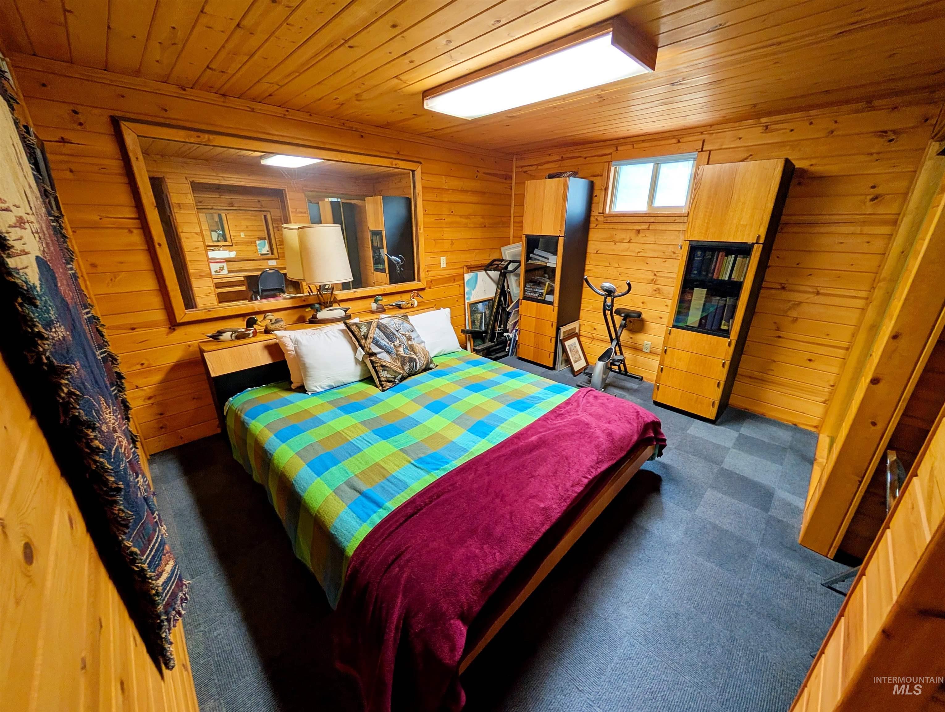 11100 Bens Road Cascade, ID 83611 - Photo 26 of 35 Wood-paneled room featuring a window, built-in shelving, carpet flooring, and a large wall-mounted mirror