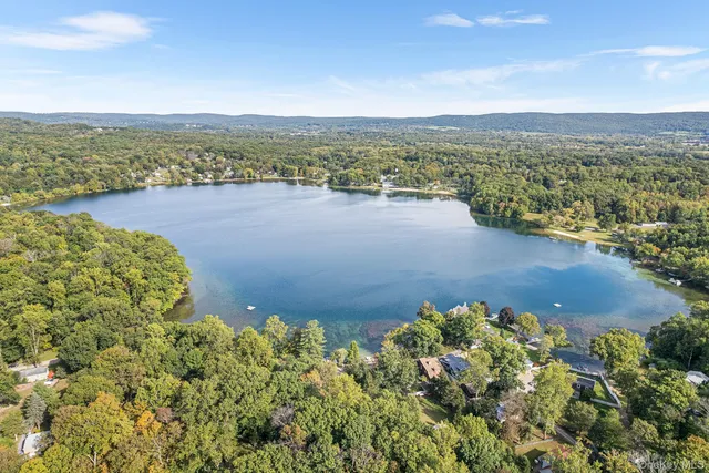 a view of a lake with a city