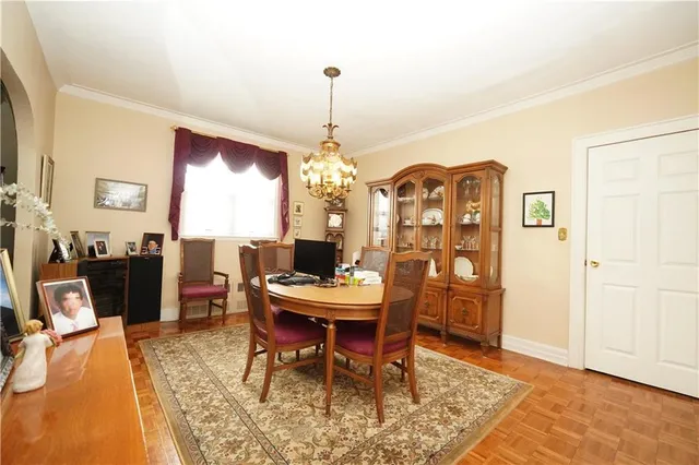 a view of a dining room with furniture