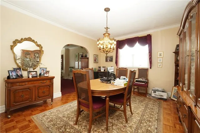 a view of a dining room with furniture