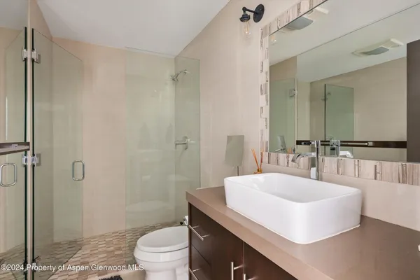 a bathroom with a sink a toilet and shower