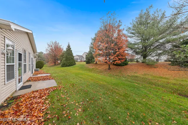 a view of a yard with plants and trees