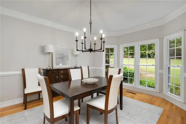 a view of a dining room with furniture window and outside view