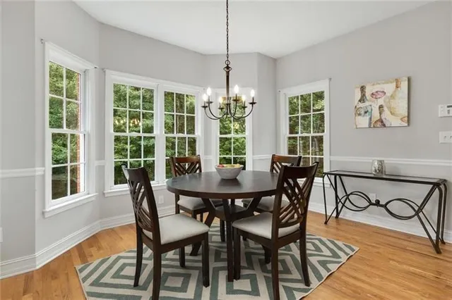 a view of a dining room with furniture window and outside view