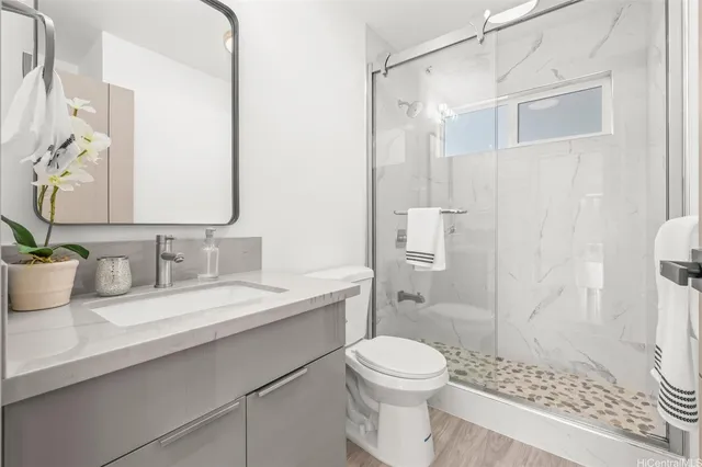 a bathroom with a granite countertop sink a toilet and shower