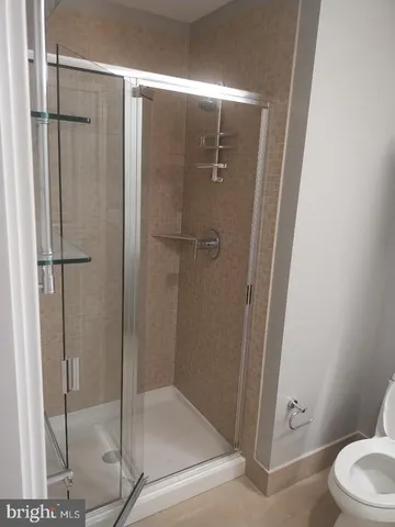 a bathroom with a shower and toilet