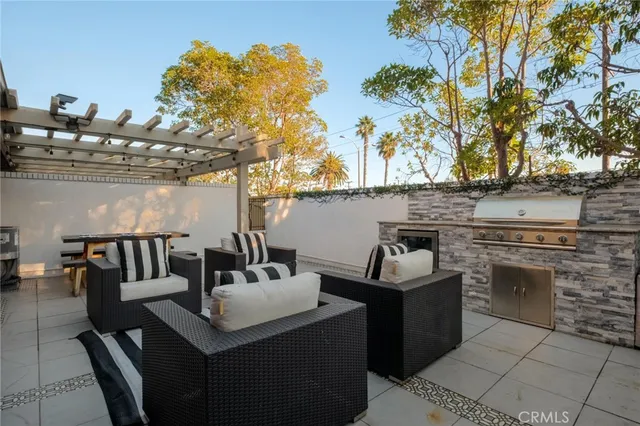 a roof deck with couches and potted plants