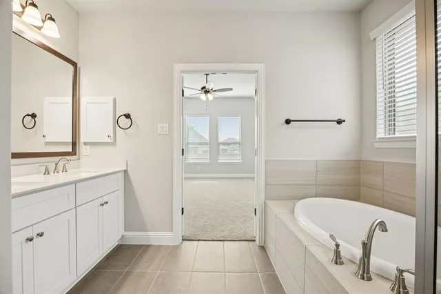 a bathroom with a tub a sink and a mirror