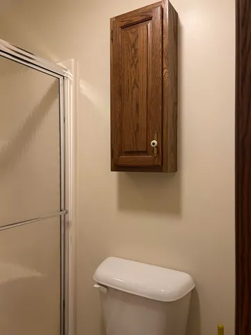 a bathroom with a toilet and a shower curtain