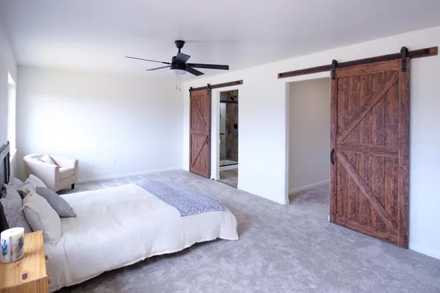a bed room with a bed and a ceiling fan