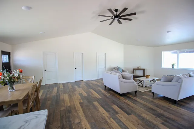 a living room with furniture and a potted plant