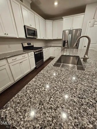 a kitchen with stainless steel appliances granite countertop a sink a stove a microwave a refrigerator a microwave and cabinets