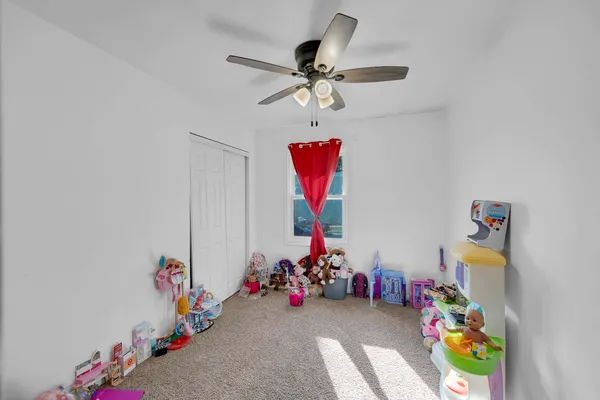 a view of a dining room with a garage