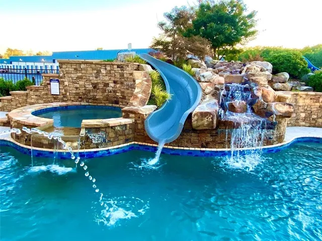 an aerial view of a pool