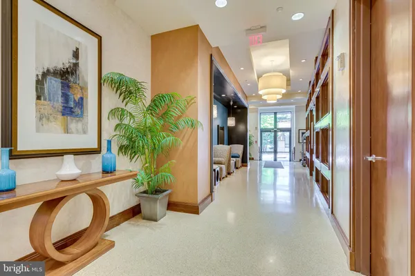 a hallway with a couch and a potted plant