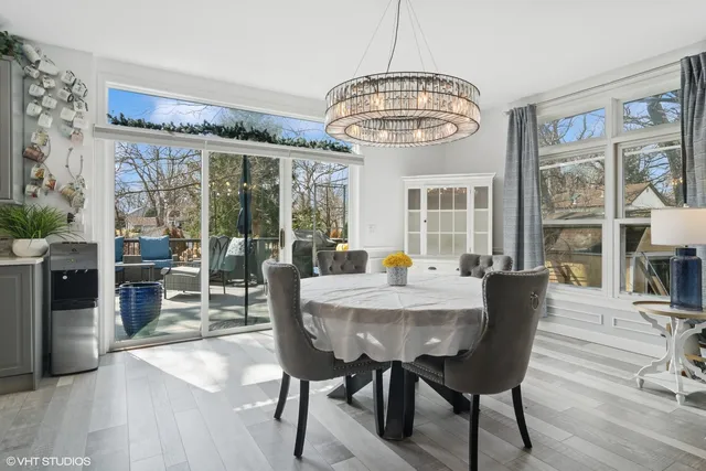 a view of a dining room with furniture window and outside view