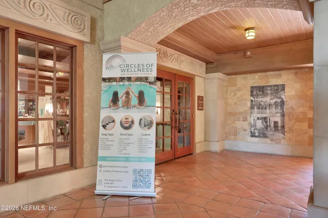 a view of a backyard with potted plants and palm trees