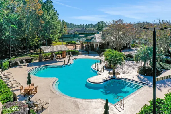 an outdoor space with seating