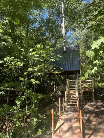 a view of a yard with wooden fence and large trees