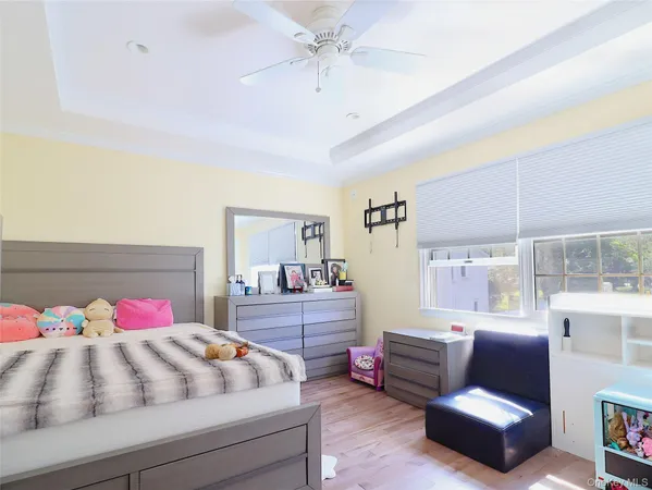 a view of a dining room with many shelves