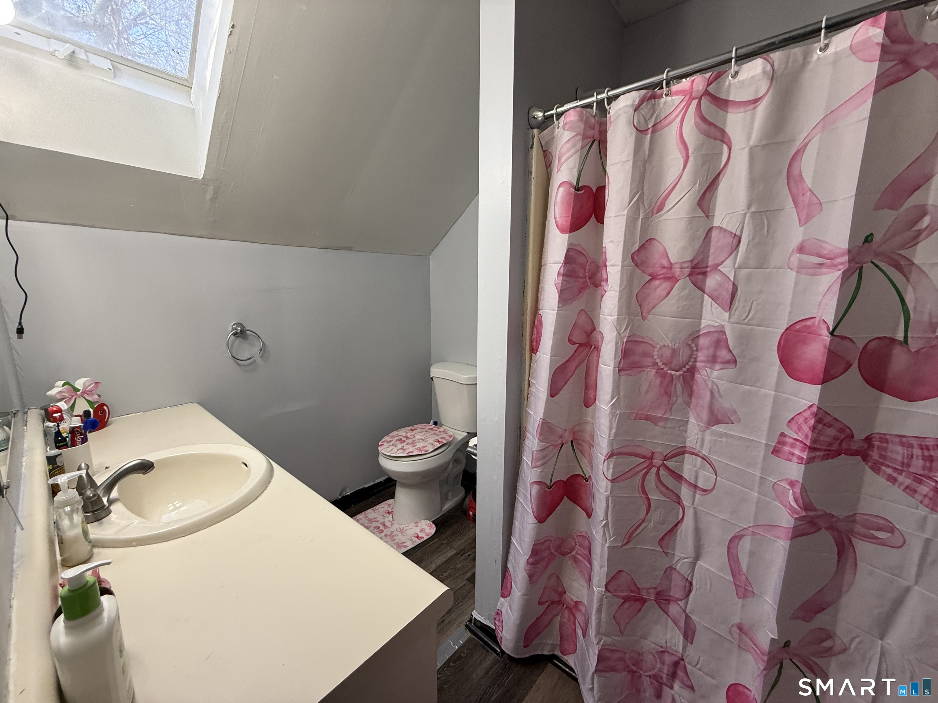 74 George Street Bristol, CT 06010 - Photo 2 of 12 a bathroom with a sink toilet and shower curtain