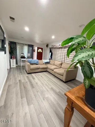 a living room with furniture and a potted plant