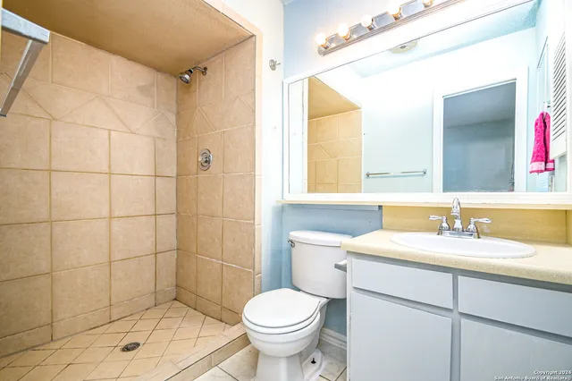 a bathroom with a sink toilet and shower