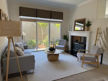 a living room with furniture a fireplace and a floor to ceiling window