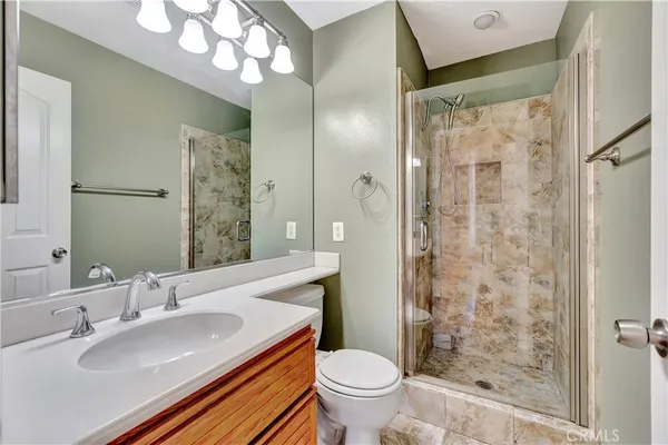 a bathroom with a sink a toilet a large mirror and shower