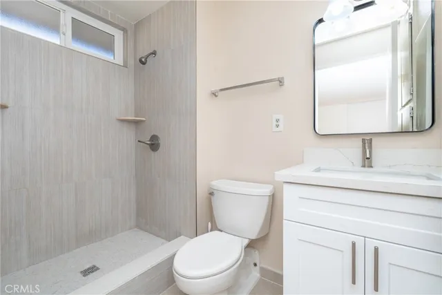 a bathroom with a toilet sink vanity and shower