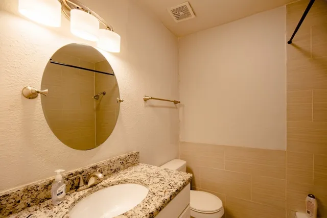 a bathroom with a sink mirror vanity and toilet