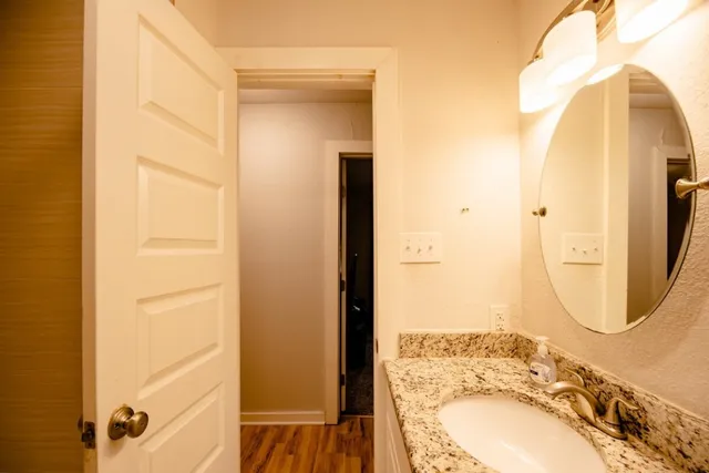 a bathroom with a sink a mirror and a shower