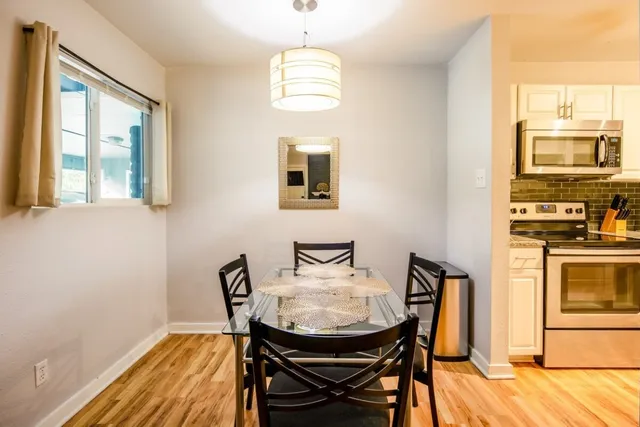 a view of a dining room with furniture and wooden floor