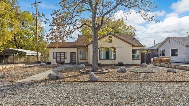 a view of a yard with a house and a tree