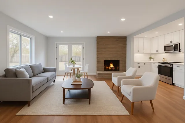 a living room with furniture fireplace and window